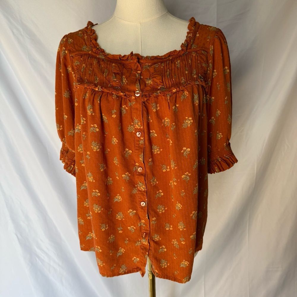 ME Jennie Garth Floral Boho Peasant Top Women's 1X Burnt Orange Ruffle